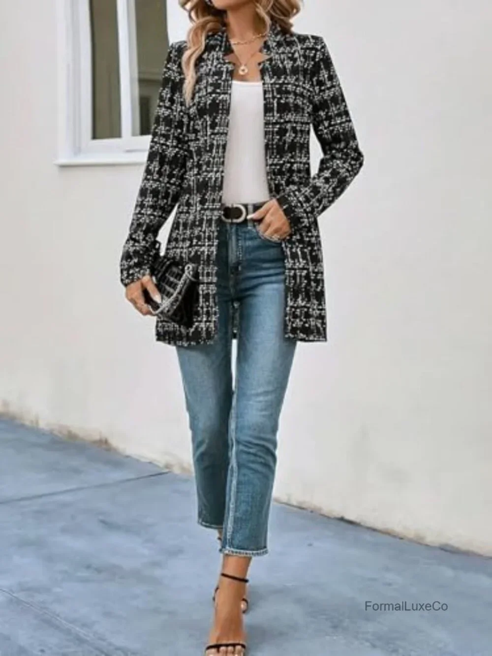 Women's Notch Lapel Plaid Tweed Blazer Open Front Long Sleeve Thigh Length
